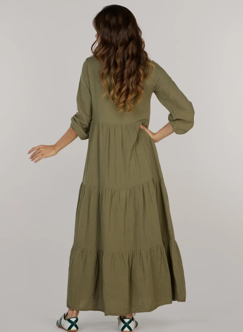 Just Nature Button-Front Tiered Midi Dress