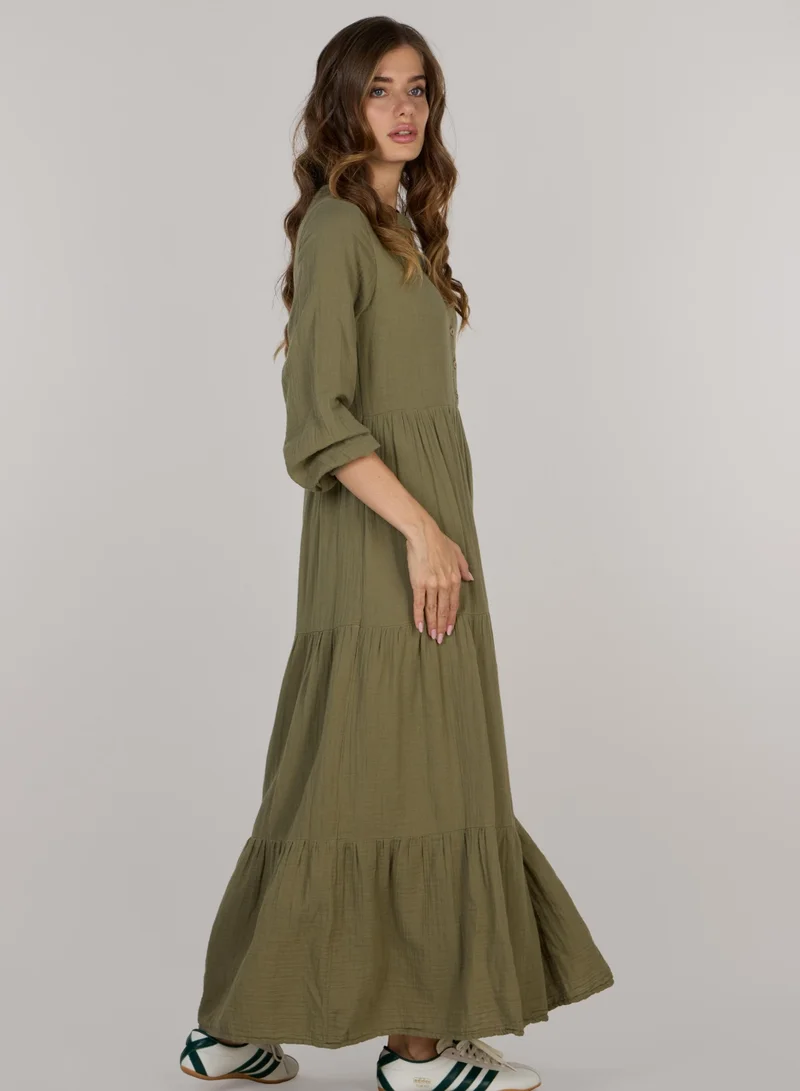 Just Nature Button-Front Tiered Midi Dress