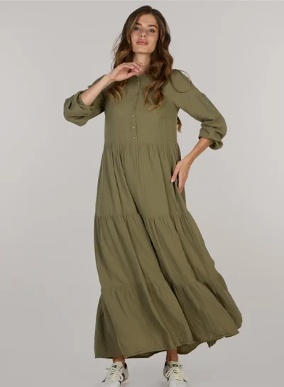Just Nature Button-Front Tiered Midi Dress