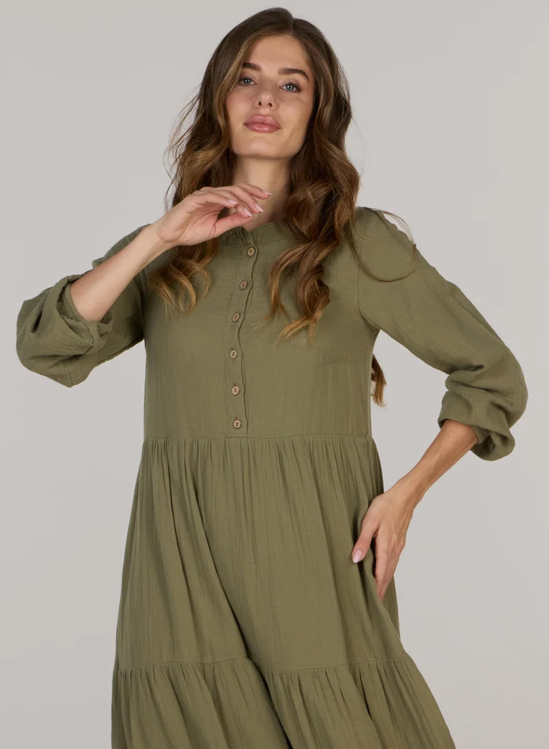 Just Nature Button-Front Tiered Midi Dress