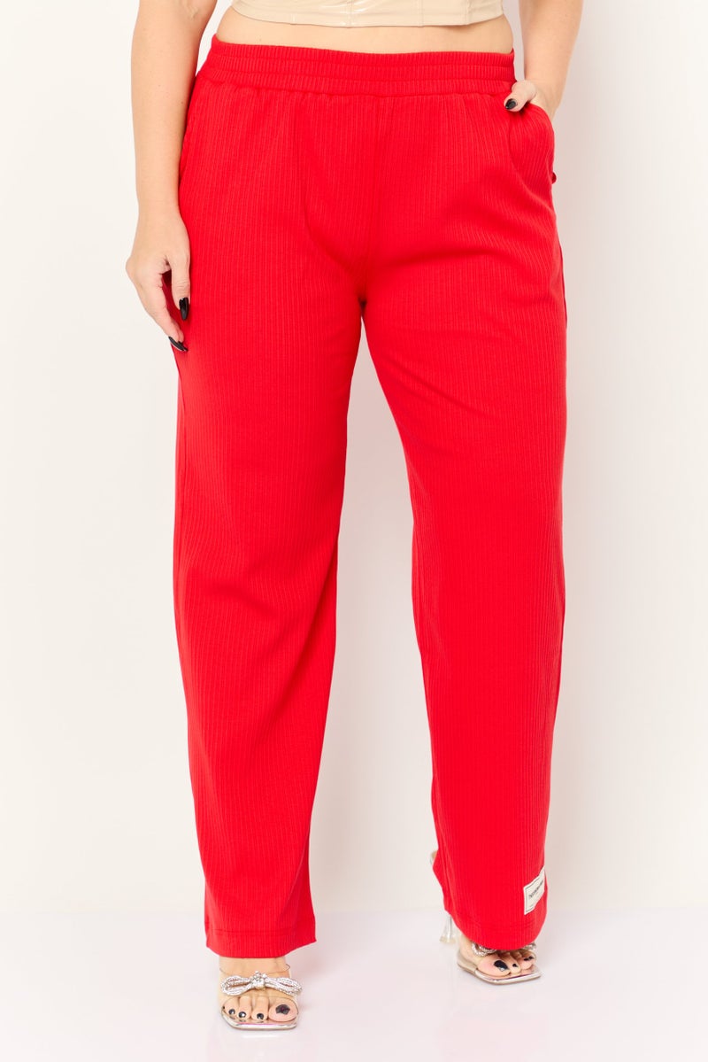 The Giving Movement Women Ribbed Wide Leg Pants, Red - Image 1
