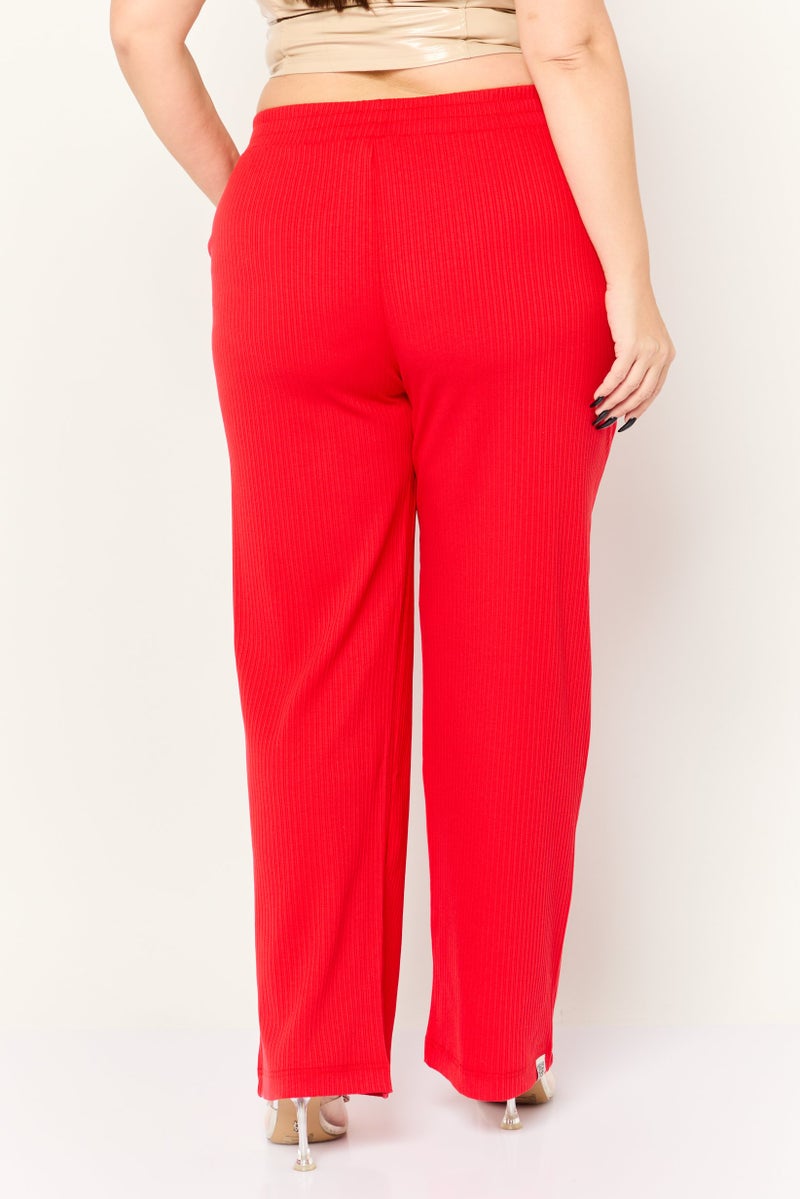 The Giving Movement Women Ribbed Wide Leg Pants, Red - Image 4