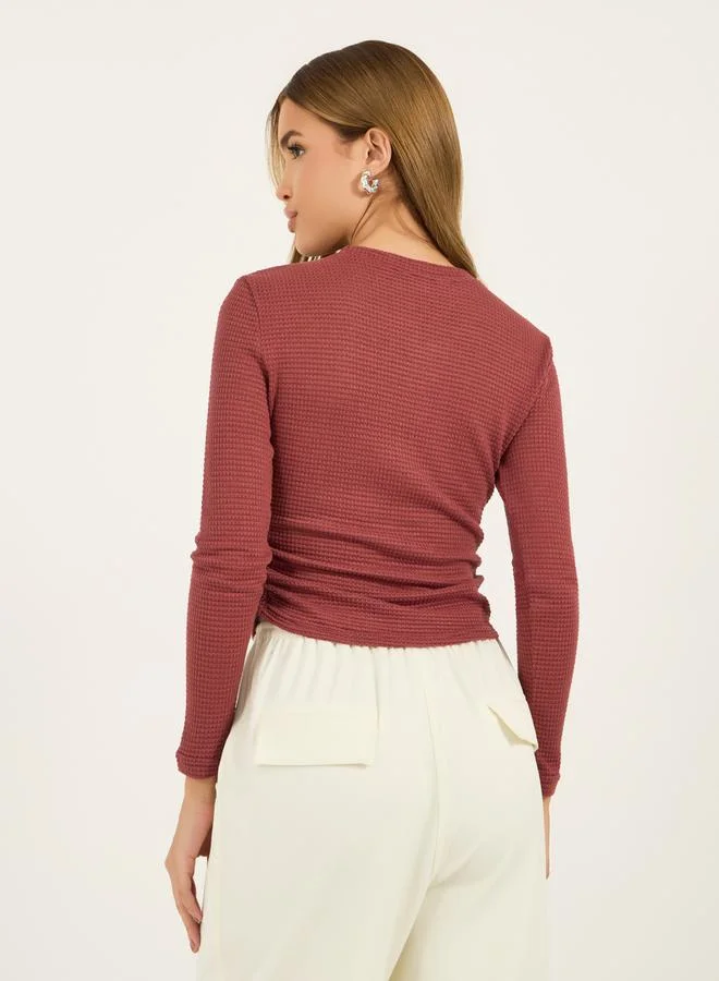 Styli Texture Waffle Knit Top with Gathered Detail