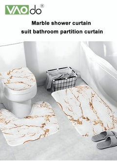 VAOdo 4PCS Printed Shower Curtain Set Polyester Material Golden Marble Pattern Thickened Shower Curtain Set Includes Floor Mat Toilet Seat Cover Anti-skid Pad At The Bottom of Toilet Ring and Shower Curtain  - Image 2