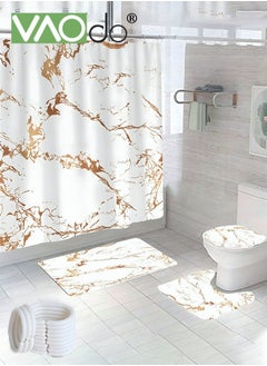 VAOdo 4PCS Printed Shower Curtain Set Polyester Material Golden Marble Pattern Thickened Shower Curtain Set Includes Floor Mat Toilet Seat Cover Anti-skid Pad At The Bottom of Toilet Ring and Shower Curtain  - Image 1