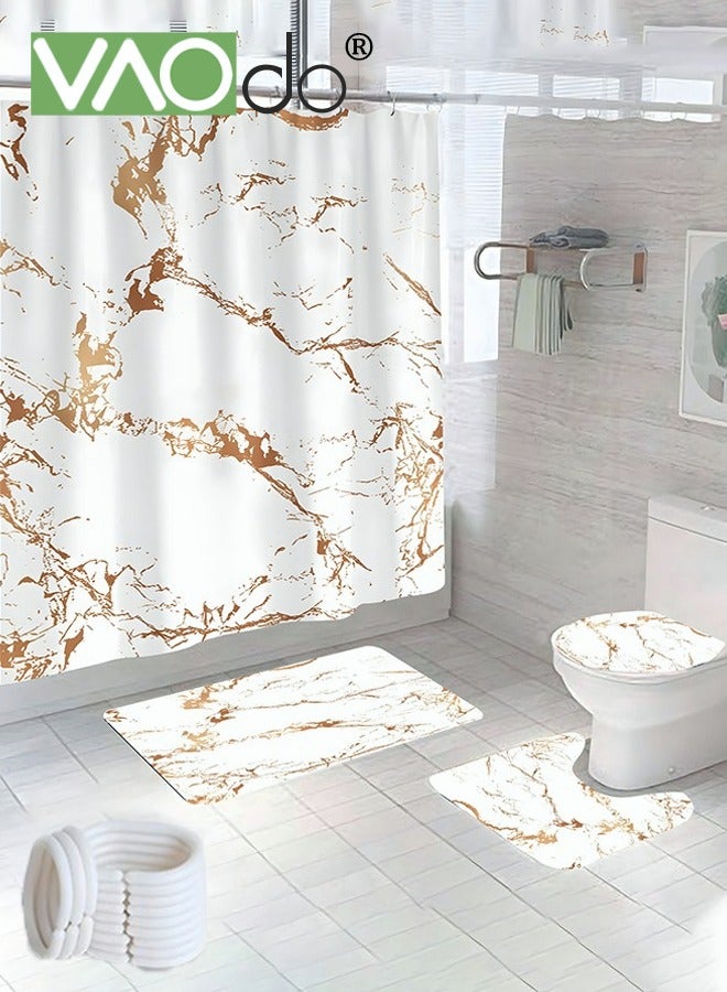VAOdo 4PCS Printed Shower Curtain Set Polyester Material Golden Marble Pattern Thickened Shower Curtain Set Includes Floor Mat Toilet Seat Cover Anti-skid Pad At The Bottom of Toilet Ring and Shower Curtain  - Image 1