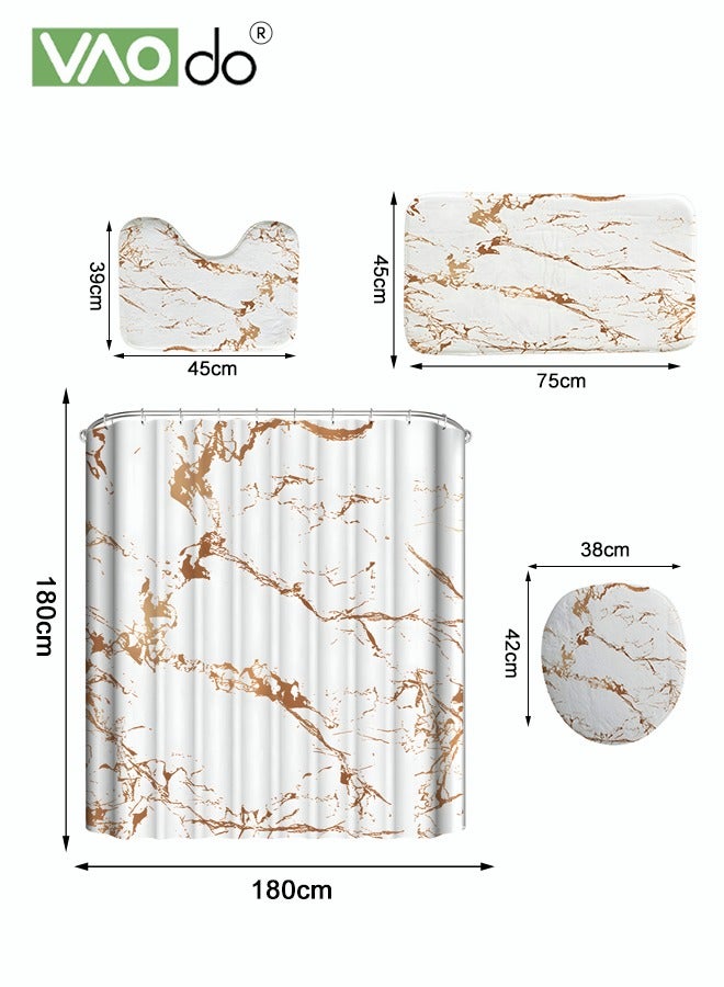 VAOdo 4PCS Printed Shower Curtain Set Polyester Material Golden Marble Pattern Thickened Shower Curtain Set Includes Floor Mat Toilet Seat Cover Anti-skid Pad At The Bottom of Toilet Ring and Shower Curtain  - Image 3