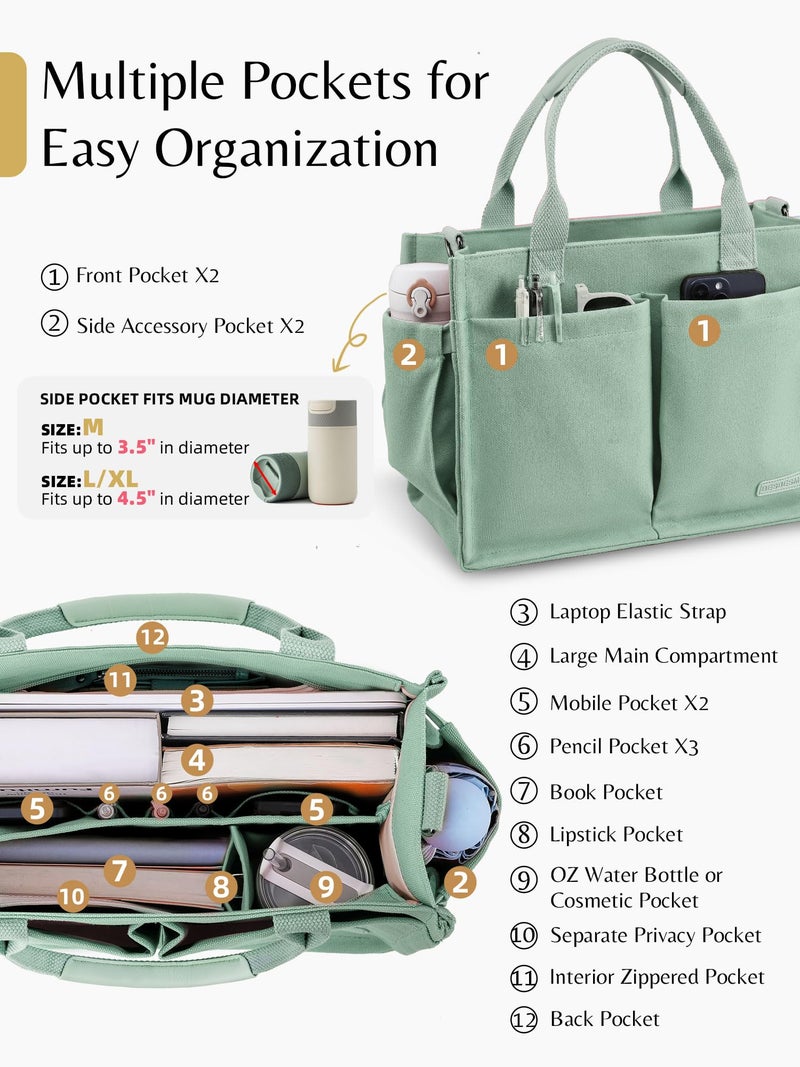BESBESME Canvas Tote Bag for Women with Zipper & Compartments- Multi-Pocket Work & College Crossbody Shoulder Bag, Detachable Strap, Laptop Purse for Teachers, Nurses, Travel, Bible Study, Green L - Image 4