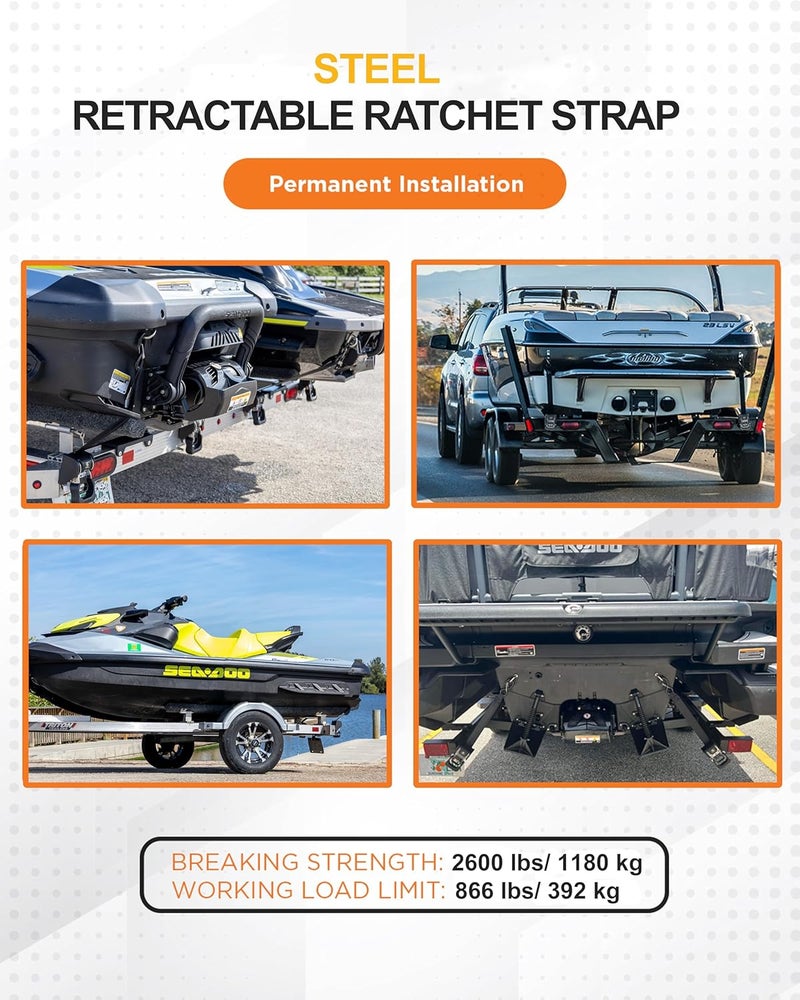 Strapinno 2PCS Retractable Ratchet Straps (1 7/8 in x 4 ft) Heavy Duty Transom Tie-Downs for Boat and PWC Trailer - Image 5