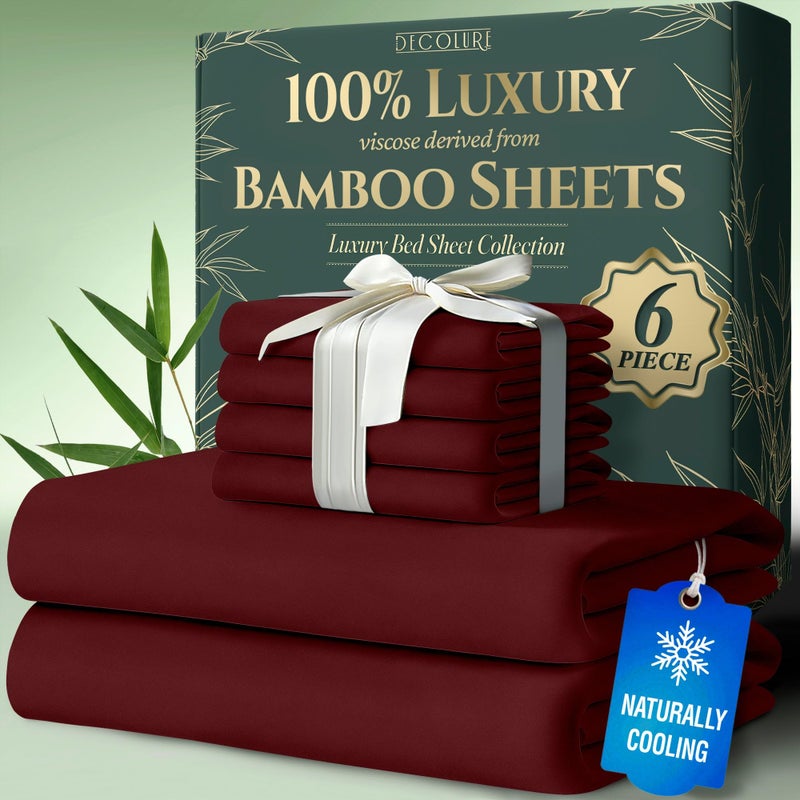 DECOLURE 100 Viscose Derived from Bamboo Sheets Queen Size 6pcs  Ultra Soft  Luxuriously Cooling 17 Deep Pocket Double Stitching Perfect for Hot Sleepers  Queen Bed Sheets Burgundy