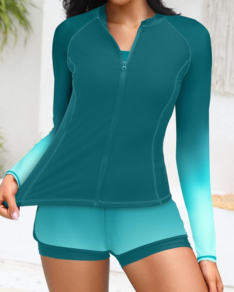 Daci Green Gradient 3 Piece Rash Guard for Women - Long Sleeve Swimsuits with Shorts SPF Zip up Swim Shirt with Built in Bra L - Image 2