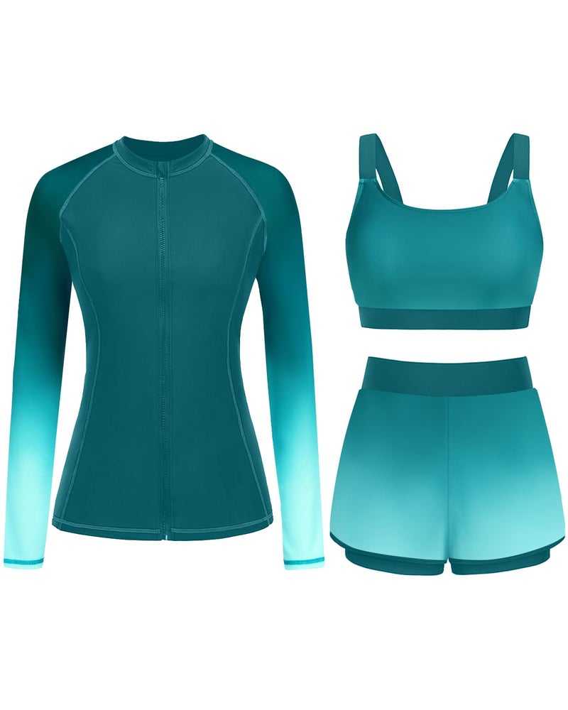 Daci Green Gradient 3 Piece Rash Guard for Women - Long Sleeve Swimsuits with Shorts SPF Zip up Swim Shirt with Built in Bra L - Image 1
