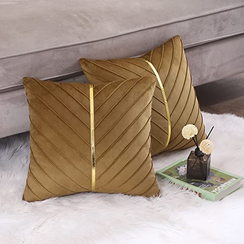 Tosleo Brown Velvet Throw Pillow Covers 16x16 inch Pack of 2 with Gold Leather Christmas Decorative Couch Pillow Cover Luxury Modern Tan Pillowcases for Living Room Bedroom Sofa Cushion Bed - Image 5