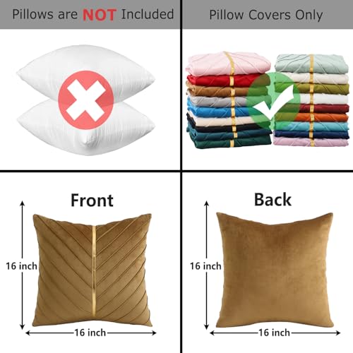 Tosleo Brown Velvet Throw Pillow Covers 16x16 inch Pack of 2 with Gold Leather Christmas Decorative Couch Pillow Cover Luxury Modern Tan Pillowcases for Living Room Bedroom Sofa Cushion Bed - Image 2