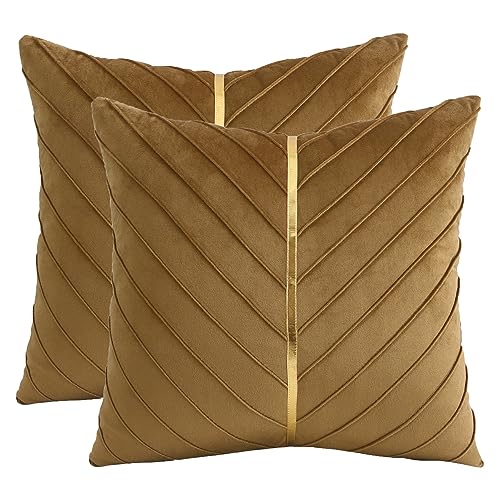 Tosleo Brown Velvet Throw Pillow Covers 16x16 inch Pack of 2 with Gold Leather Christmas Decorative Couch Pillow Cover Luxury Modern Tan Pillowcases for Living Room Bedroom Sofa Cushion Bed - Image 1