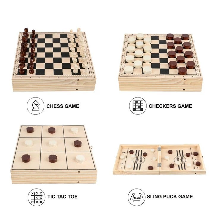 Y&D 4-in-1 Wooden Board Games Set: Tic Tac Toe, Sling Puck, Checker, Folding Chess - Travel Friendly Family Games