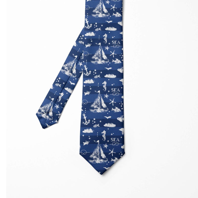 Ambesonne Necktie, Grunge Anchor Ship, 3.7", White Blue - Image 3