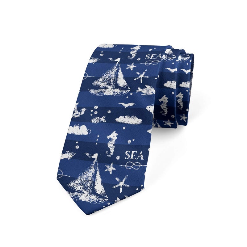 Ambesonne Necktie, Grunge Anchor Ship, 3.7", White Blue - Image 1