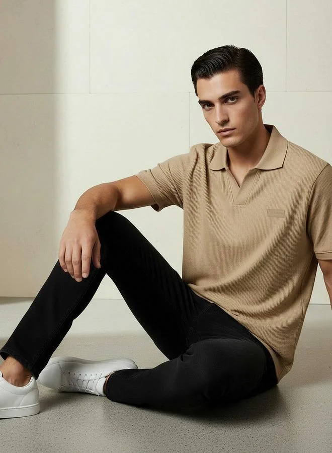 Lee Cooper BEIGE Lee Cooper Men Regular Fit Collared Neck Short Sleeve Ribbed Polo T shirt for Men | Best Price UAE