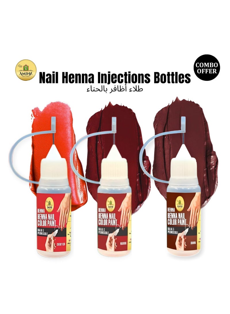 Amina Instant Nail Injection Henna Paste Mehendi Combo Of Dark Brown, Cherry Red, Maroon Color Bottle | Vegan & Halal Nail Polish For Women | Without Chemicals | Long Lasting | Ready To Use Stain (10 ml x Pack Of 3) - Image 1