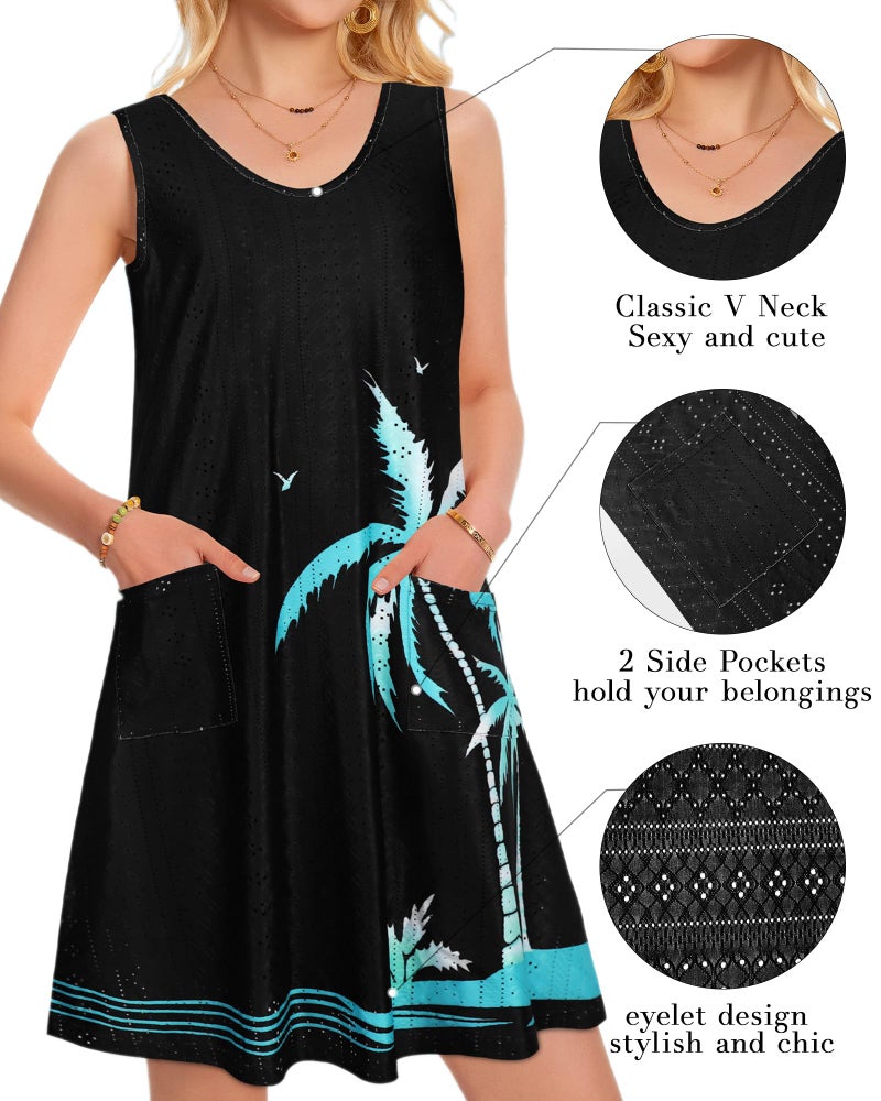 elescat Sundresses for Women Summer Beach V Neck Sleeveless Dress Swimsuit Coverup with Pockets (Black Cyan Trees, L) - Image 4
