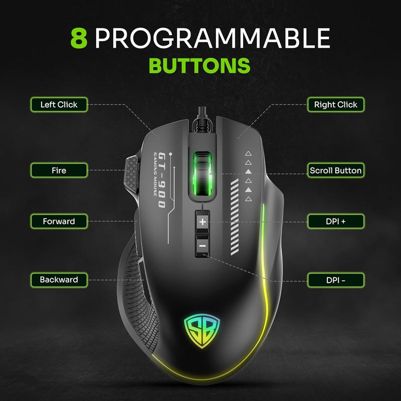 SpinBot Rage K20 Gaming Keyboard & Clutch GT900 Mouse Combo | RGB Backlit Keyboard |7200 DPI Wired USB Mouse for PC, Laptop, PS4 (Black) - Image 5