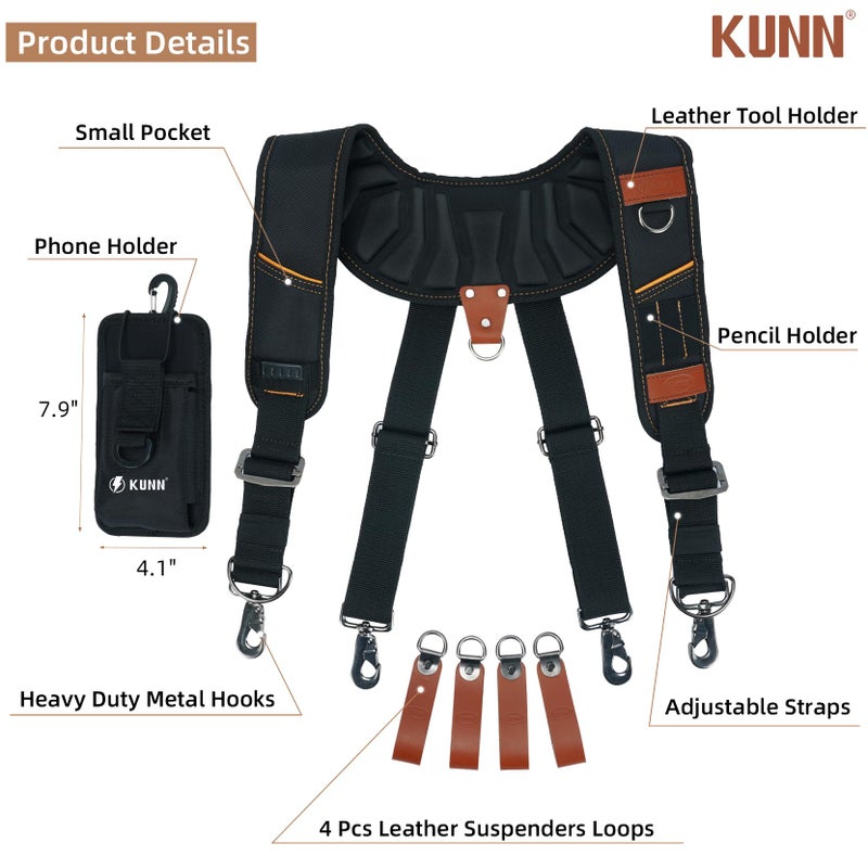 KUNN Leather Tool Belt Suspenders Construction Bag Suspenders Molded Air Channel Work Belt Suspender for Carpenter Electrician,Brown - Image 3