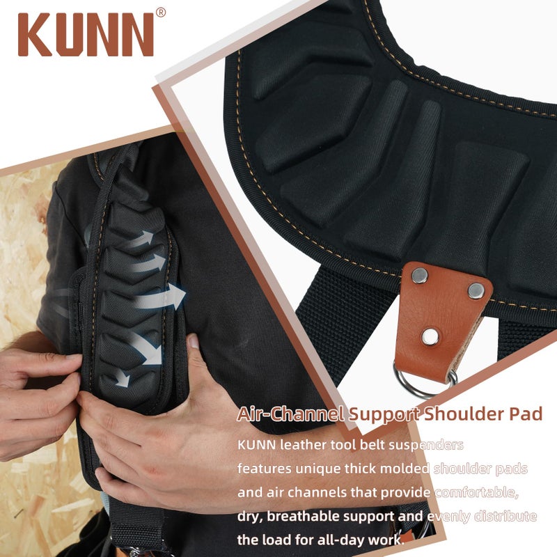 KUNN Leather Tool Belt Suspenders Construction Bag Suspenders Molded Air Channel Work Belt Suspender for Carpenter Electrician,Brown - Image 2
