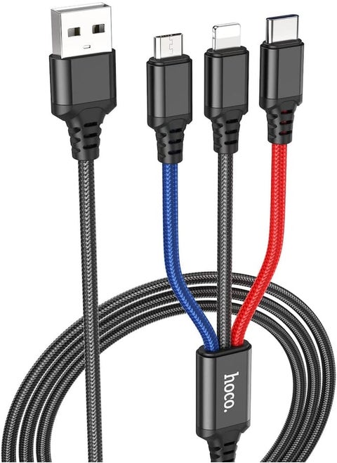 Hoco X76-3-in-1 Super Charging Cable (2A - 1M), USB-A To Type-C/Micro-USB/Lightning, Compatbile With iPhone iPad Samsung Huawei Xiaomi Oppo - Black/Red/Blue