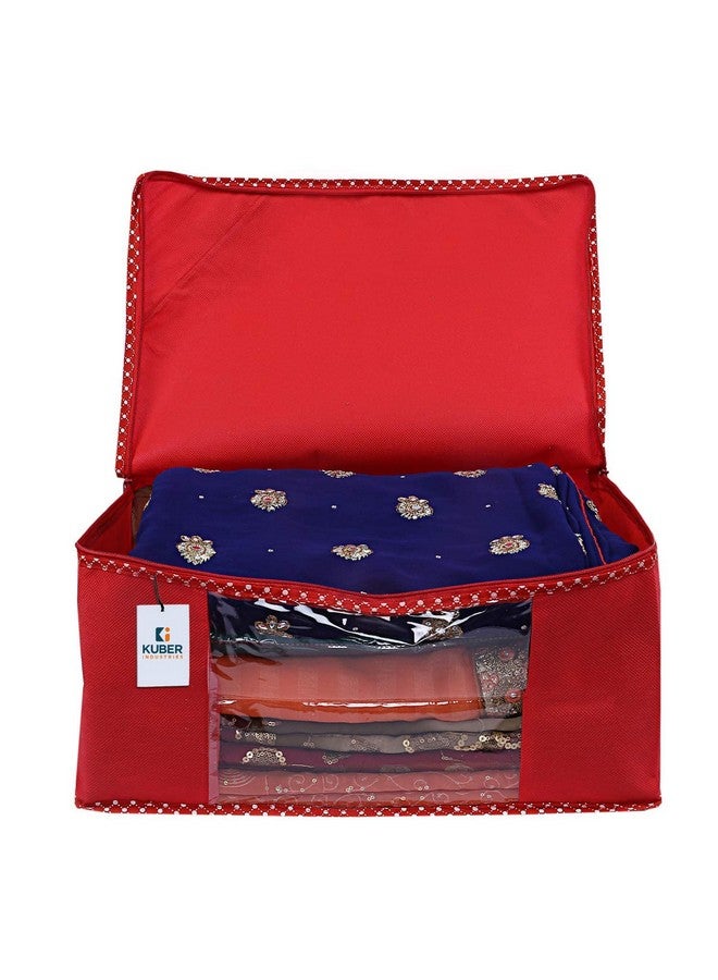 Kuber Industries Non-Woven Foldable Solid Saree Covers With Zip|Wardrobe Organizer For Clothes|Transparent Window Keep 8 To 10 Saree|Suitable For Lehenga, Suit, Dress|Pack Of 12 (Red) - Image 5