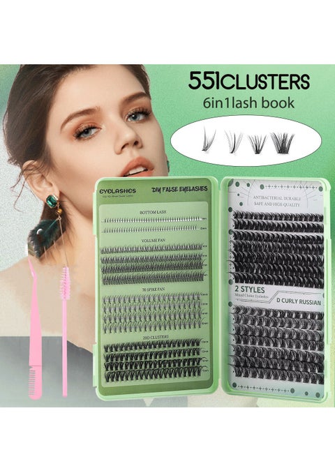 False Lashe DIY Lash Extensions Kit,Single Cluster Eyelashes Extra large Capacity 551 PCS,6 Styles,Volume Lashes Wispy Natural Eyelashes with Tweezer,Reusable Fluffy Lash Extension Kit