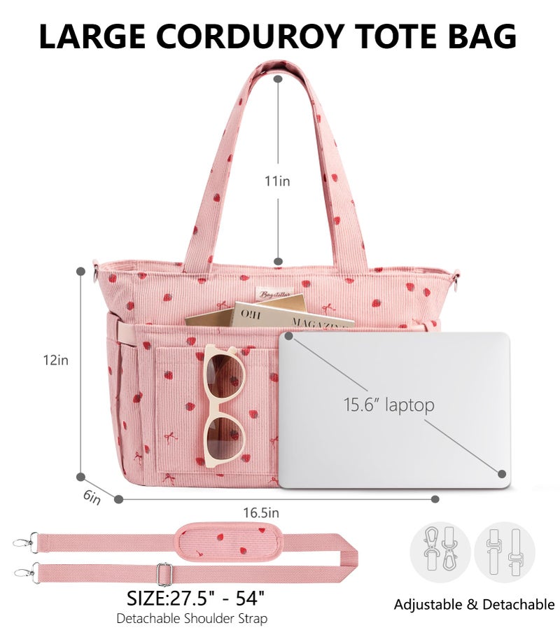 Bagstellar Corduroy Tote Bag for Women, 17 Pockets Laptop Work Tote Bag Lightweight Teacher Nurse Bible Bag for School Travel - Image 2