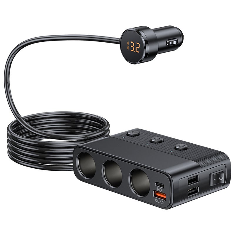 Car Chargers 128W PD+QC3.0 Quick Charging Adapter 3-Socket Power Splitter 12-24V with 4 USB Ports Volatge Display On-Off Switch for Car Truck SUV - Image 1