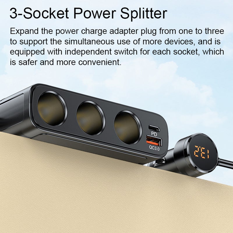 Car Chargers 128W PD+QC3.0 Quick Charging Adapter 3-Socket Power Splitter 12-24V with 4 USB Ports Volatge Display On-Off Switch for Car Truck SUV - Image 4