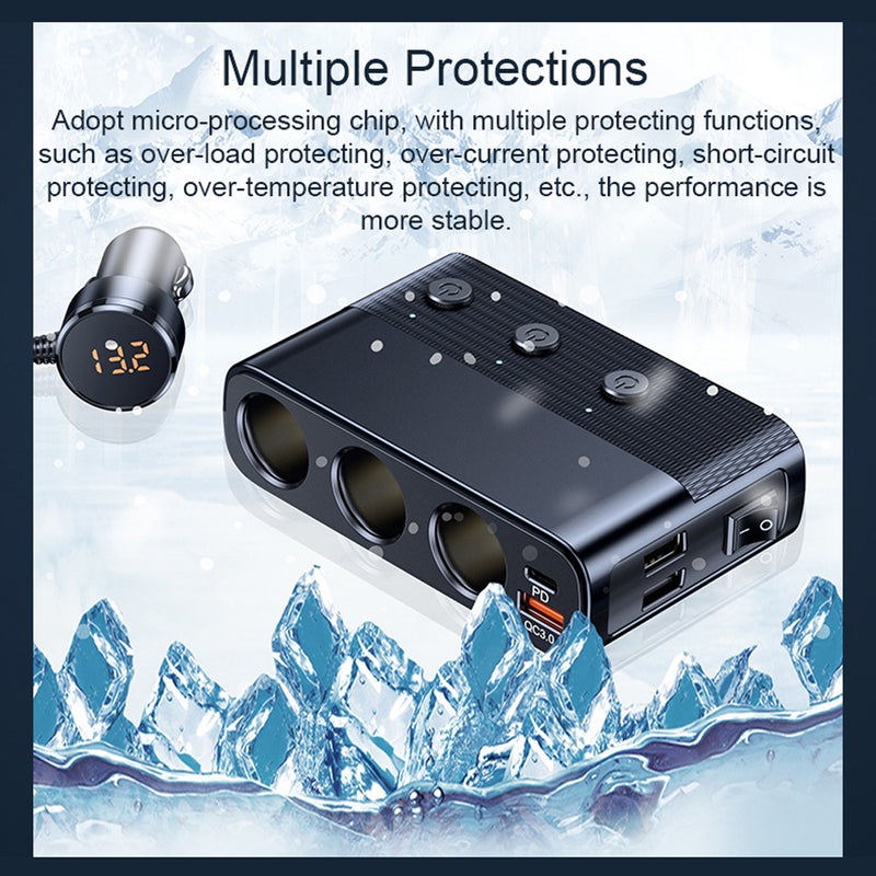 Car Chargers 128W PD+QC3.0 Quick Charging Adapter 3-Socket Power Splitter 12-24V with 4 USB Ports Volatge Display On-Off Switch for Car Truck SUV - Image 5