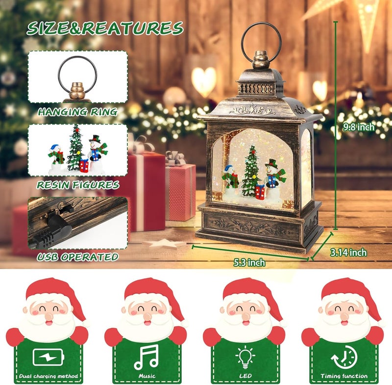 Aixuler Christmas Snowman Snow Globe, Snowman Musical Lantern with 6 Hour Timer USB Lined/Battery Operated Retro Style Holiday Glitter Globe for Xmas Indoor Decoration and Santa Gifts - Image 2
