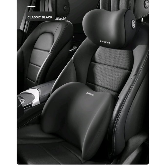 CAR NECK AND BACK CUSHION LUMBAR SUPPORT PILLOW FOR OFFICE CHAIR AND CAR SEATSOFTNESS MEMORY FOAM COMFORTABLE ERGONOMIC DESIGN FOR NECK AND BACK REST PILLOW BLACK