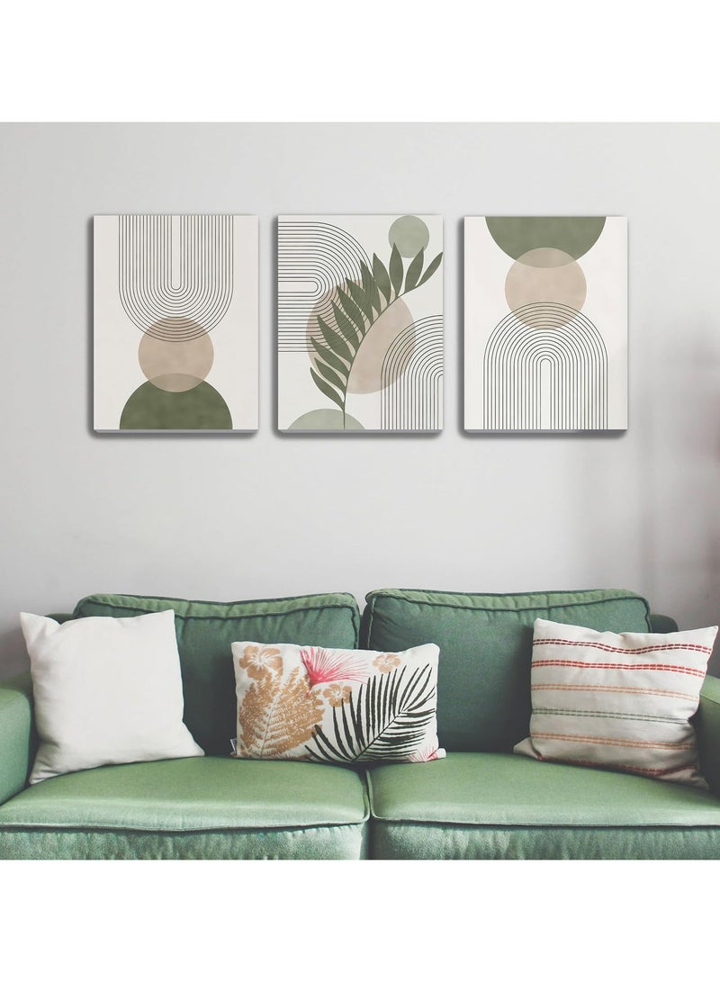 انسجام مجموعة من 3 لوحات فنية جدارية بإطار بسيط باللون الأخضر الحكيم، بخطوط هندسية وأوراق شجر وقمر وشمس وبيج وأخضر، مناسبة لغرفة النوم والحمام والمكتب - Image 2