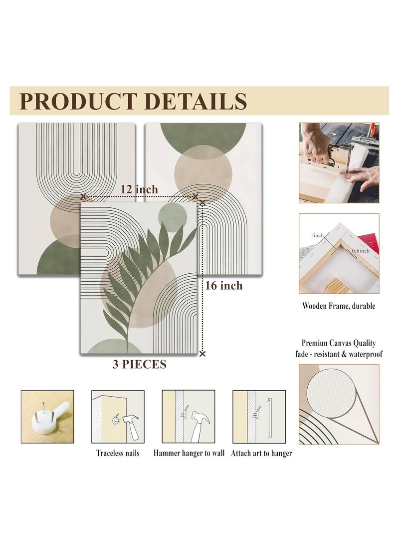 انسجام مجموعة من 3 لوحات فنية جدارية بإطار بسيط باللون الأخضر الحكيم، بخطوط هندسية وأوراق شجر وقمر وشمس وبيج وأخضر، مناسبة لغرفة النوم والحمام والمكتب - Image 5