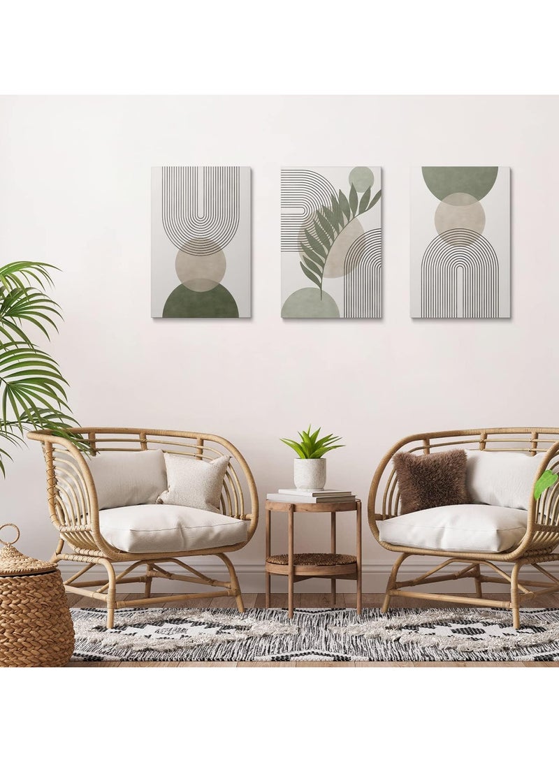 انسجام مجموعة من 3 لوحات فنية جدارية بإطار بسيط باللون الأخضر الحكيم، بخطوط هندسية وأوراق شجر وقمر وشمس وبيج وأخضر، مناسبة لغرفة النوم والحمام والمكتب - Image 4