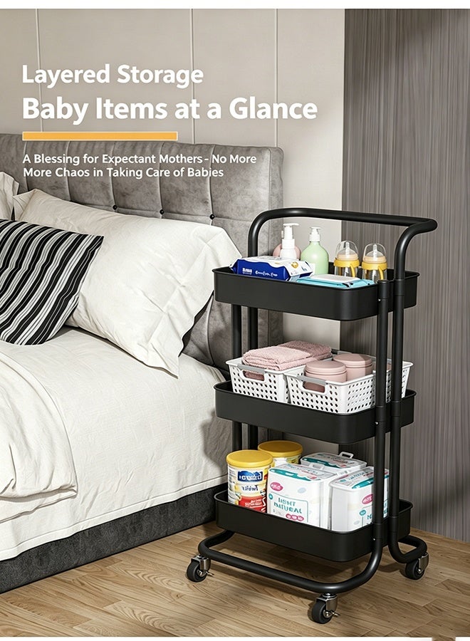 3-Tier Rolling Shelves Metal Cart Organizer Black - Image 4