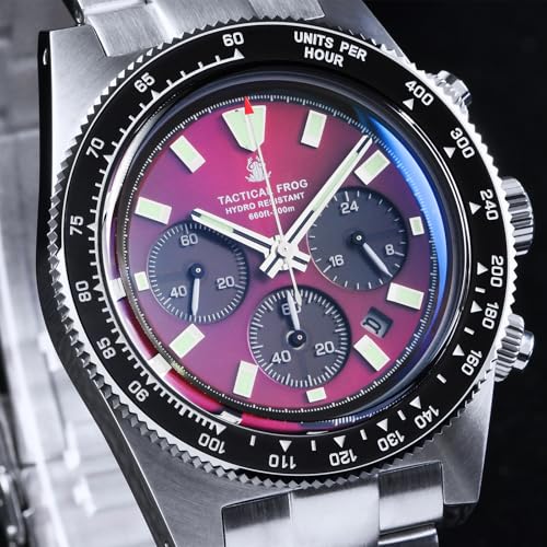 TACTICAL FROG Chronograph Watch V2 VS75A Quartz Sapphire Crystal Waterproof, Red Dial 100M Water Resistant - Image 3