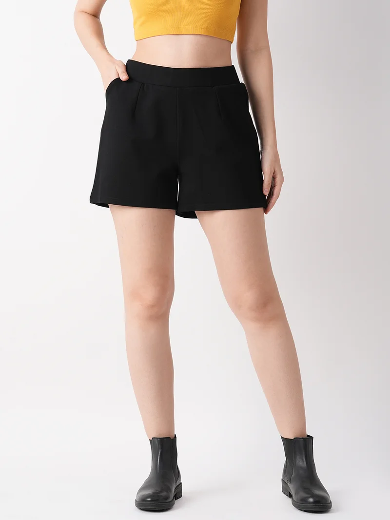 globus Women Black Regular Fit Mid-Rise Hot Shorts