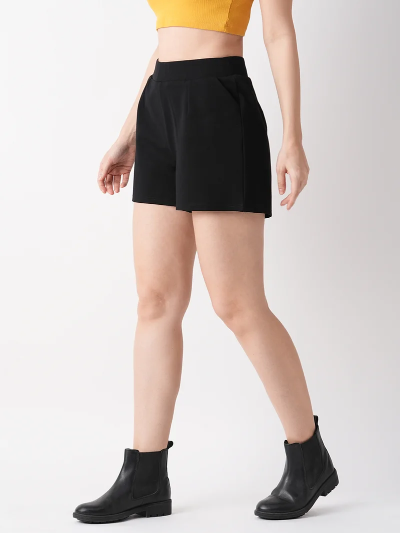 globus Women Black Regular Fit Mid-Rise Hot Shorts