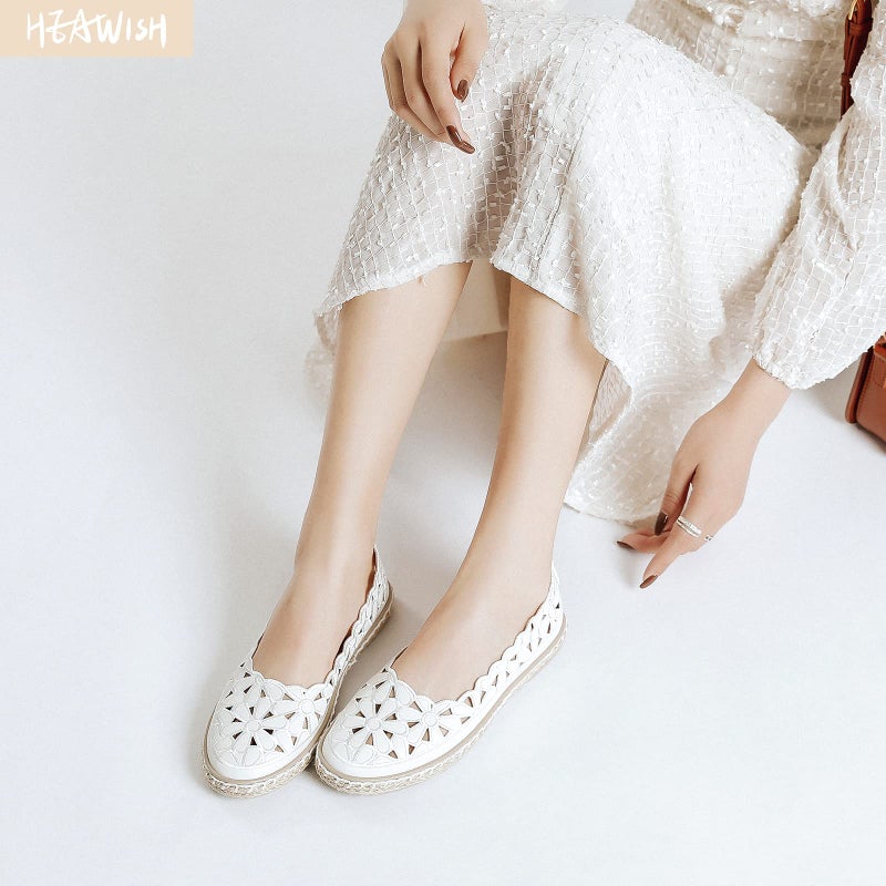 HEAWISH Womenâ€™s Ballet Flat Daisy Round Toe Dress Shoes Casual Slip On Rope Loafer(White, US10) - Image 2