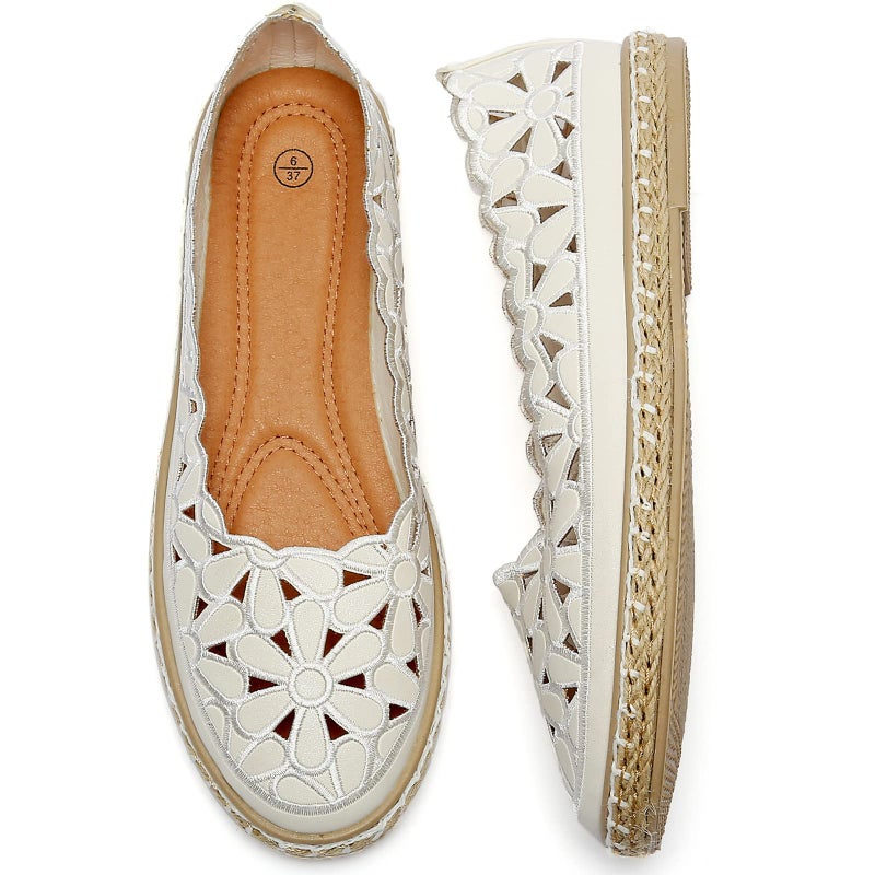 HEAWISH Womenâ€™s Ballet Flat Daisy Round Toe Dress Shoes Casual Slip On Rope Loafer(White, US10) - Image 1