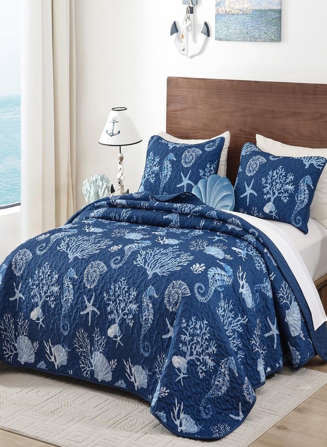 Djoymock Coastal Quilt Set Queen Size 3 Piece, Summer Beach Blue Theme Quilts with Pillowcases Microfiber Ocean Bedding Set Nautical Bedspreads Coverlet Lightweight Comforter for All Season - Image 2