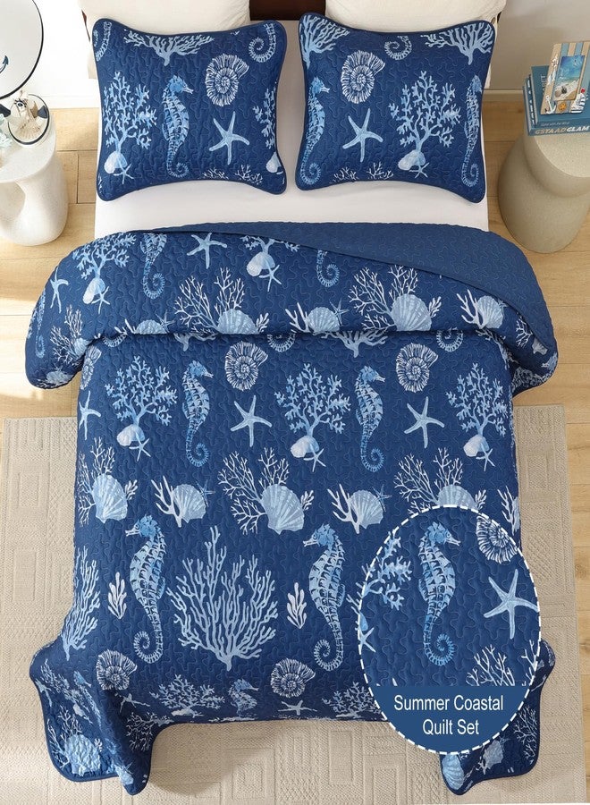 Djoymock Coastal Quilt Set Queen Size 3 Piece, Summer Beach Blue Theme Quilts with Pillowcases Microfiber Ocean Bedding Set Nautical Bedspreads Coverlet Lightweight Comforter for All Season - Image 3