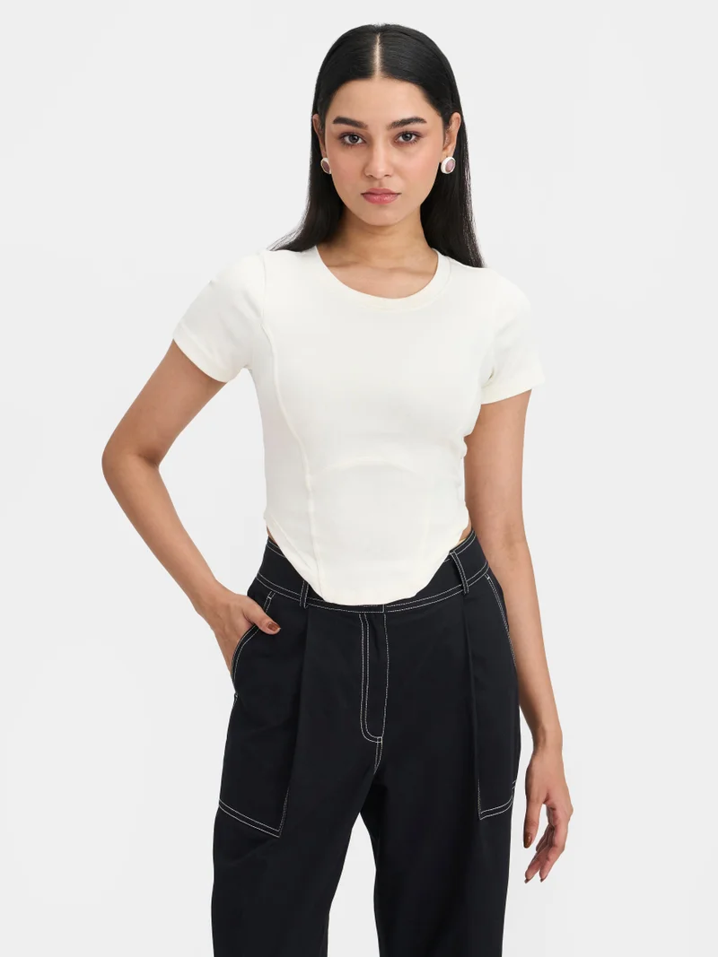 Virgio Solid Cotton Stretch Grey Knitted Corset T-Shirt for Women