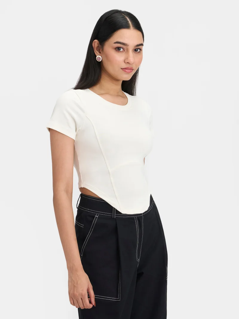 Virgio Solid Cotton Stretch Grey Knitted Corset T-Shirt for Women